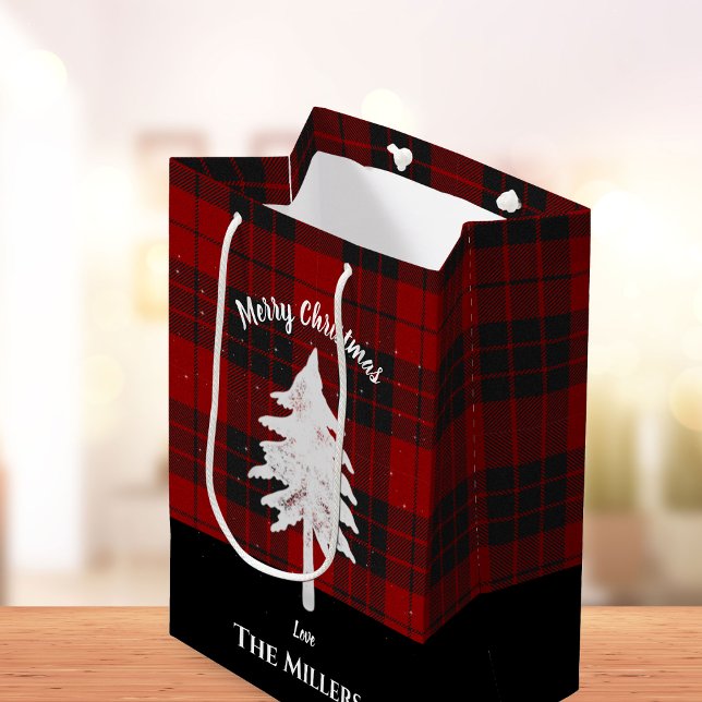 Rustic Red Plaid Add Name Merry Christmas Favour Medium Gift Bag (Rustic Red Plaid Add Name Merry Christmas Favor Medium Gift Bag)