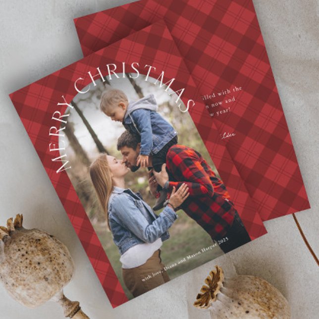 Rustic Red Plaid Arch Photo Christmas  Holiday Card (Rustic red plaid arch photo Christmas holiday cards.)