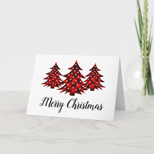 Rustic Red Plaid Blank Merry Christmas Trees Holiday Card (Front)