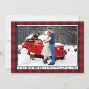 Rustic Red Plaid Christmas Framed Couple Photo Holiday Card