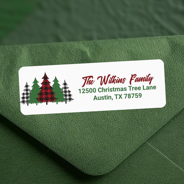 Rustic Red Plaid Christmas Trees Return Address (Creator Uploaded)