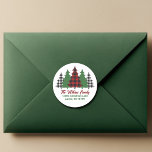 Rustic Red Plaid Christmas Trees Return Address Classic Round Sticker<br><div class="desc">This rustic holiday return address round sticker features trendy red plaid and green Christmas trees above your message Merry Christmas. A cute and traditional look that is currently in style again,  these festive labels are perfect for a family who likes a classic and nostalgic design.</div>