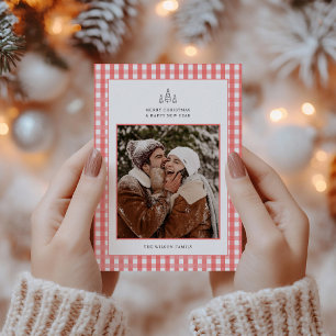 Rustic Red Plaid Couple Photo Christmas Holiday Card