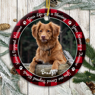 Rustic Red Plaid Custom Dog Photo Pet Memorial Ceramic Tree Decoration