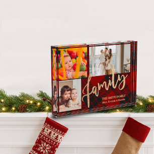 Rustic Red Plaid Family Photo Christmas Keepsake Block