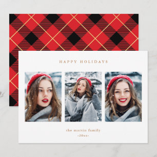 Rustic Red Plaid Faux Gold Three Photo Christmas Holiday Card