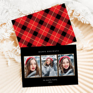 Rustic Red Plaid Faux Gold Three Photo Christmas Holiday Card