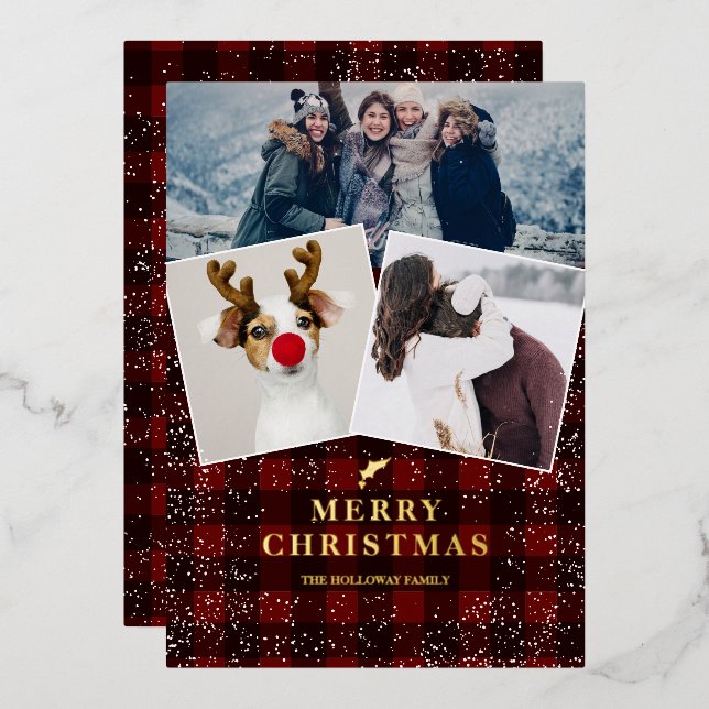 Rustic red plaid flannel mistletoe snow 3 photos foil holiday card (Front/Back)