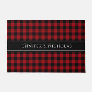 Rustic Red Plaid Gingham Name Doormat