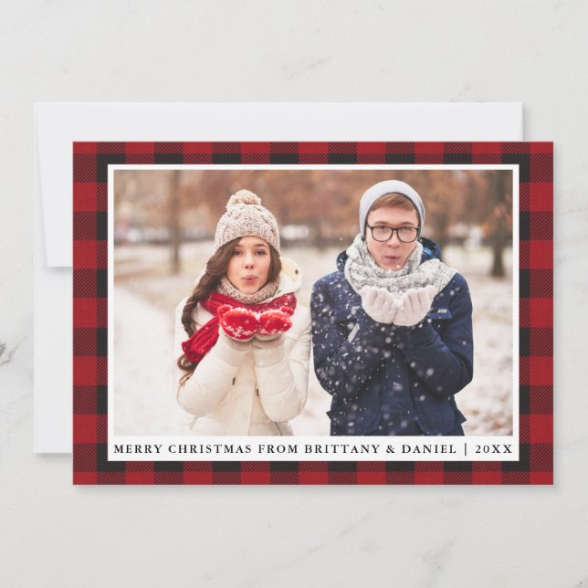 Rustic Red Plaid Merry Christmas Couple Photo Holiday Card (Front)