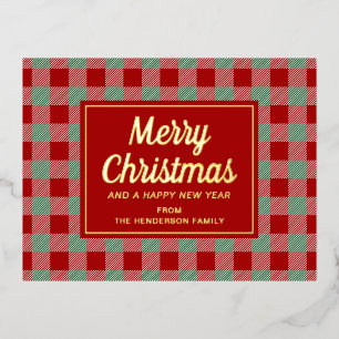 Rustic Red Plaid Merry Christmas Gold Foil Holiday Postcard
