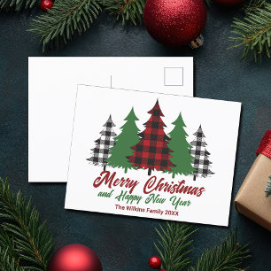 Rustic Red Plaid Merry Christmas Happy New Year Holiday Postcard
