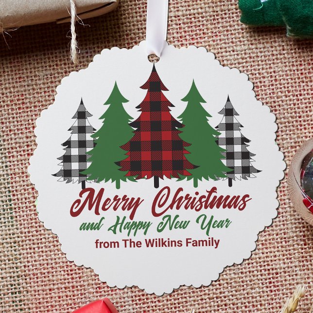 Rustic Red Plaid Merry Christmas Happy New Year Tree Decoration Card (Creator Uploaded)