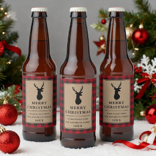 Rustic Red Plaid Merry Christmas Kraft Beer Bottle Label