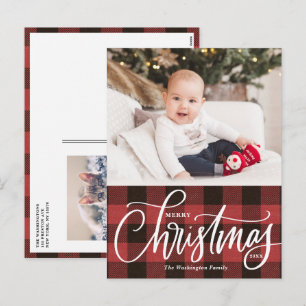 Rustic Red Plaid Merry Christmas Photo Holiday Postcard