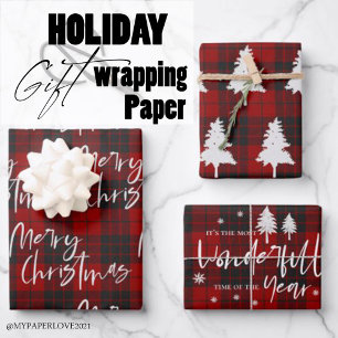 Rustic Red Plaid Merry Christmas Quote Gift Wrapping Paper Sheet