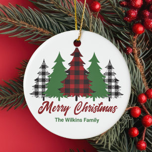 Rustic Red Plaid Merry Christmas Trees Custom Ceramic Tree Decoration