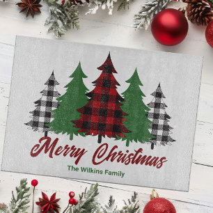 Rustic Red Plaid Merry Christmas Trees Custom Cutting Board