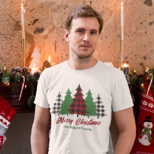 Rustic Red Plaid Merry Christmas Trees Custom T-Shirt