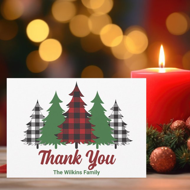 Rustic Red Plaid Merry Christmas Trees Custom Thank You Card (Creator Uploaded)