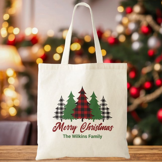 Rustic Red Plaid Merry Christmas Trees Custom Tote Bag (Creator Uploaded)