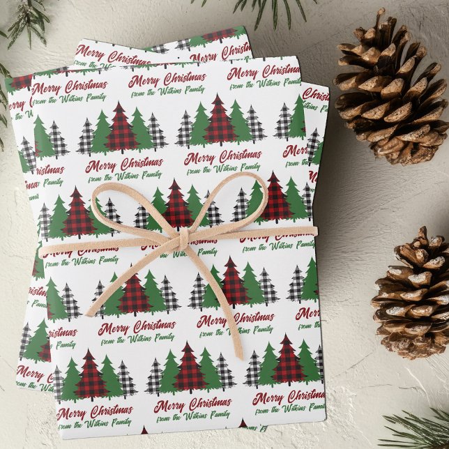 Rustic Red Plaid Merry Christmas Trees Customised Wrapping Paper Sheet (Creator Uploaded)