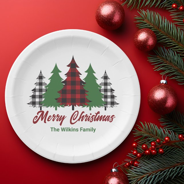 Rustic Red Plaid Merry Christmas Trees Party Paper Plate (Creator Uploaded)