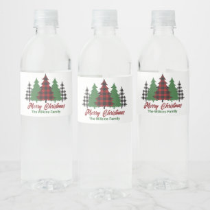Rustic Red Plaid Merry Christmas Trees Party Water Bottle Label
