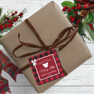 Rustic Red Plaid Merry Little Baby Shower Square Sticker