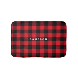 Rustic Red Plaid Pattern Holiday Personalised Bath Mat