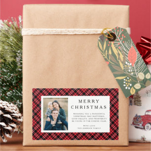 Rustic Red Plaid Photo Christmas Rectangular Sticker