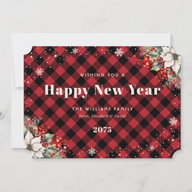 Rustic Red Plaid Snowflake Botanical New Year Card (Front)