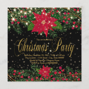 Rustic Red Poinsettia Christmas Party Invitation