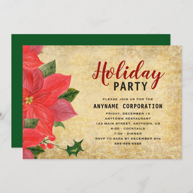 Rustic Red Poinsettia Corporate Christmas Party Invitation (Front/Back)