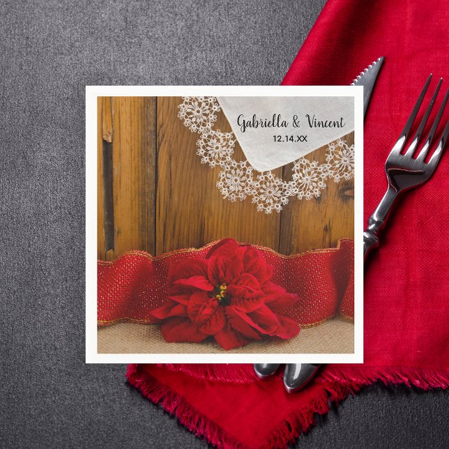 Rustic Red Poinsettia Country Winter Wedding Napkin (Creator Uploaded)
