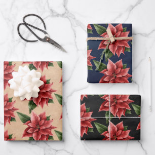 Rustic Red Poinsettia Floral Pattern Christmas Wrapping Paper Sheet