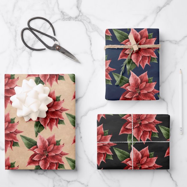 Rustic Red Poinsettia Floral Pattern Christmas Wrapping Paper Sheet (Front)