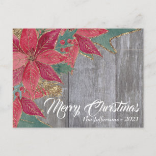 Rustic Red Poinsettia Gold Sparks Merry Christmas Postcard
