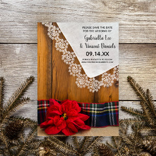 Rustic Red Poinsettia Plaid Winter Save the Date Invitation