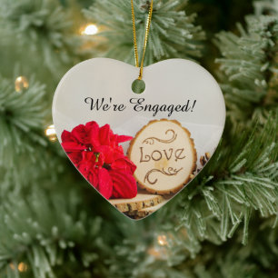 Rustic Red Poinsettia Winter Engagement Ceramic Tree Decoration