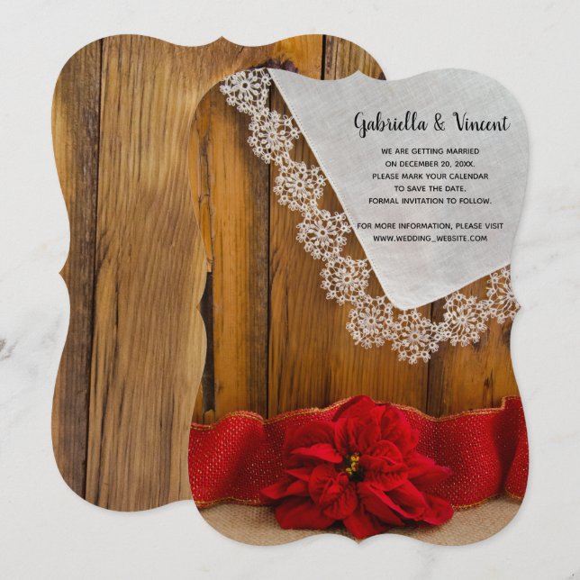 Rustic Red Poinsettia Winter Wedding Save the Date Invitation (Front/Back)