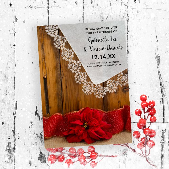 Rustic Red Poinsettia Winter Wedding Save the Date Invitation (Set the tone for your December winter wedding with this festive save the date.)