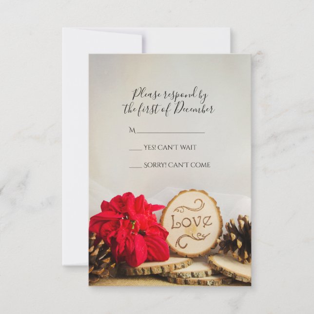 Rustic Red Poinsettia Woodland Wedding RSVP Card (Front)