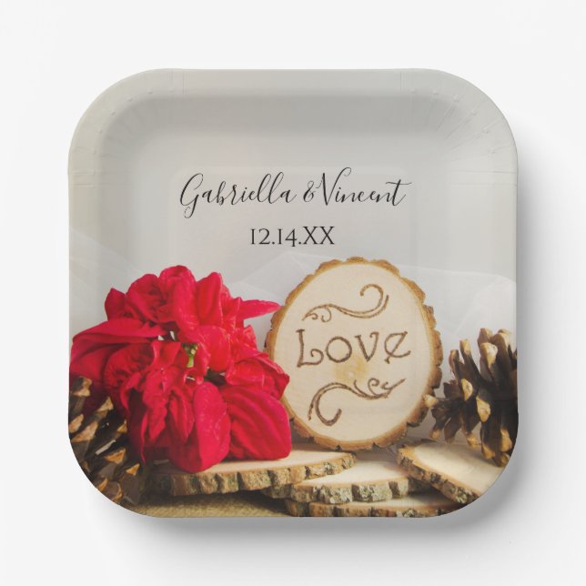 Rustic Red Poinsettia Woodland Winter Wedding Paper Plate (Front)