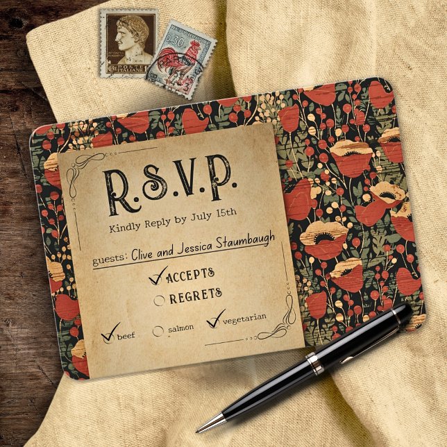 Rustic Red Poppies Vintage Wood Wedding RSVP Cards (Creator Uploaded)