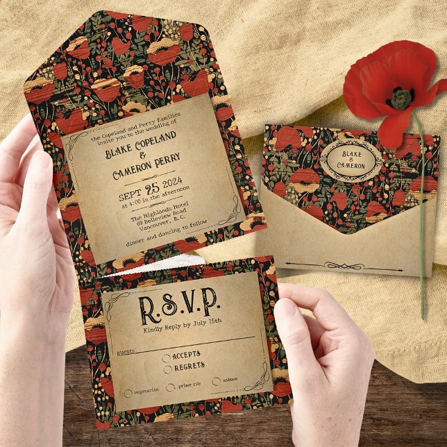 Rustic Red Poppies Wood All in One Wedding Invite (Creator Uploaded)