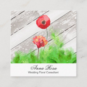 *~* Rustic Red Poppy Flowers Vintage Wood Chic Square Business Card