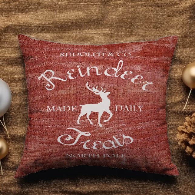 Rustic Red Reindeer Treat Add Name Christmas Cushion (Creator Uploaded)