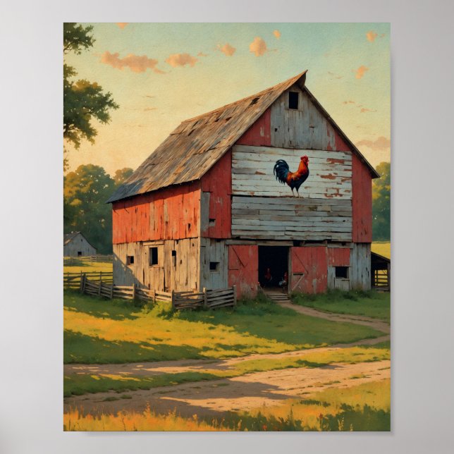 Rustic Red Rooster Barn Digital Poster (Front)