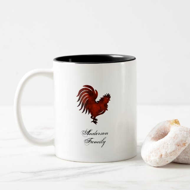 Rustic red rooster family name personalised  Two-Tone coffee mug (With Donut)